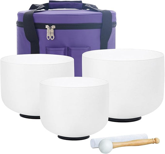 8-14 inch Set of 3 Singing Bowls 432HZ 8"A 10"F 14"C Frosted Chakra Quartz Crystal Sound Healing Bowls with 1 Travel Carry Case Bag 1 Mallet Suede 1 Striker 3 O-rings - Bloomnest