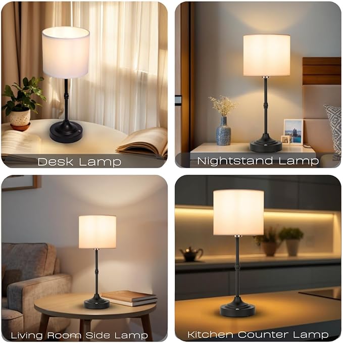 Rechargeable Table Lamp, Cordless Touch Lamps, Portable Desk Light with Stepless Dimmable Brightness & Fabric Shade for Nightstand Bedside Living Room (Black, Straight) - Bloomnest
