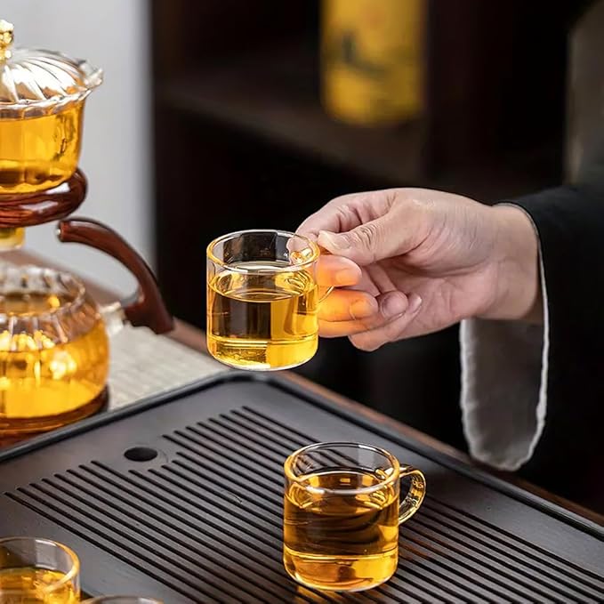 Lazy Kungfu Drip TeaPot, Heat Resistant Tea Set, Semi-Automatic Glass Teapot Suit for Magnetic Water Flow Wooden Glass Teapot Set with Cups (Red Maiden)