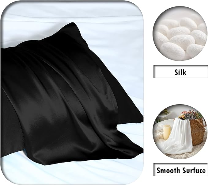 Silk Pillow Cases 2 Pack,Soft Breathable and Sliky Standard Size Pillow Cases Set of 2,Natural Mulberry Silk Pillowcase Set of 2 for Hair and Skin with Hidden Zipper (Black,20"X 26",2pcs) - Bloomnest