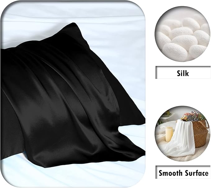 Natural Mulberry Silk Pillowcase for Hair and Skin Queen Size 20"X30" Pillow Case with Hidden Zipper Soft Breathable Smooth Cooling Silk Pillow Covers for Sleeping (Black,Queen,1Pcs) - Bloomnest