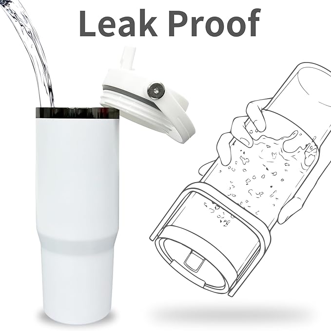 30 oz Tumbler with Handle, Double Wall Vacuum Insulated Tumblers with Flip Straw, Coffee Mug 30oz Powder Coated Cup for Hot and Cold Drinks(Black Plated, White,8 pack)