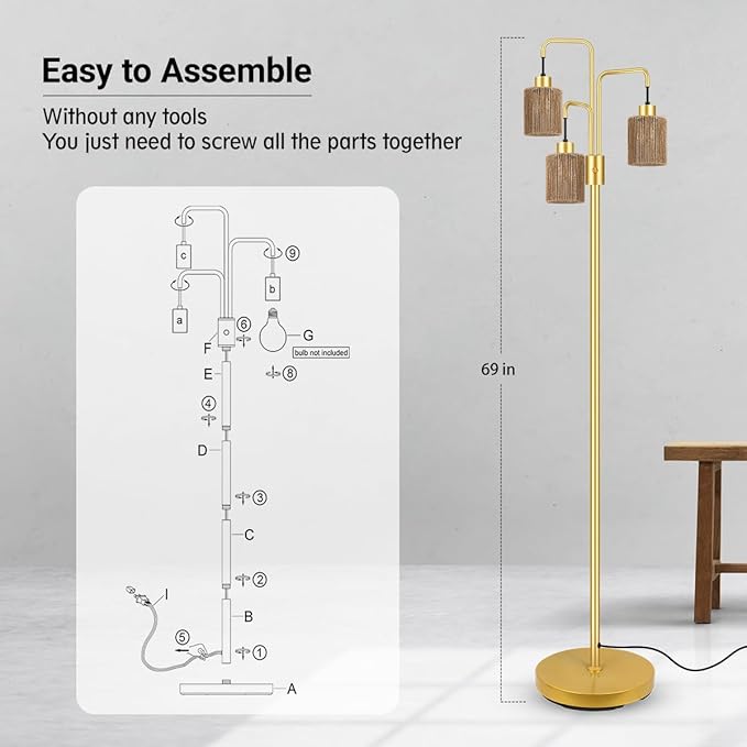 BoostArea Industrial Floor Lamp for Living Room,Gold Modern Standing Lamp Stand Up Lamp with 3 Light, Bulbs Not Included,Simple Design Floor Lamp for Bedroom, Living Room, Office, Kids Room, Reading - Bloomnest