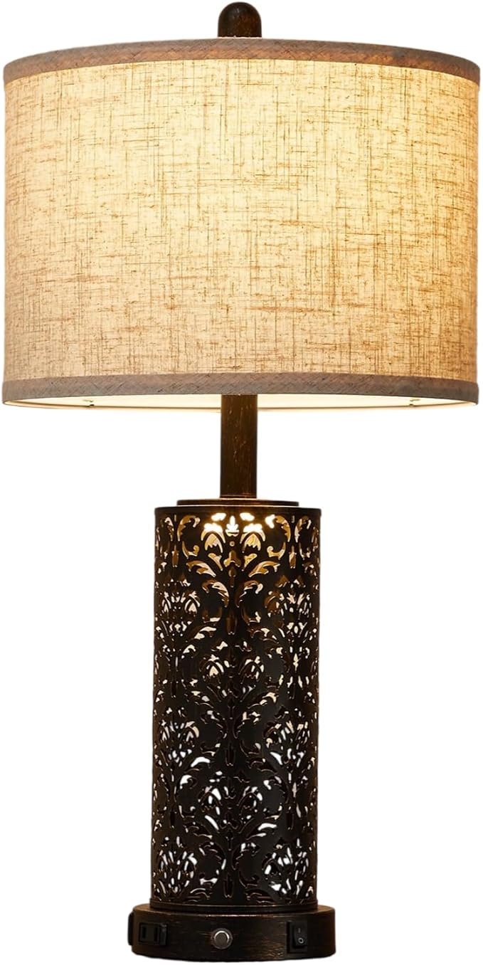 26" Farmhouse Table Lamp Dual Light 3-Way Dimmable Touch Control, 2 USB Ports + AC Outlet Rustic Bedside Lamp for Living Room Bedroom and Nightstand with Nightlight (Black-1 Pack) - Bloomnest