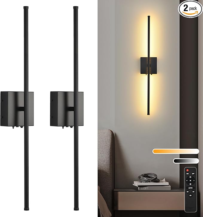Battery Operated Wall Sconces with Remote Control, 11000mAh LED Wireless Rechargeable Black Wall Lights, 350°Rotate Dimmable Wall Lamp, 3 Color Temperatures, for Bedroom, Living Room, Hallway, 2 PCS - Bloomnest