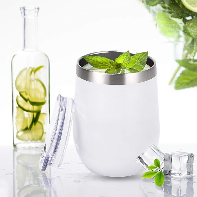 6 Pack Stainless Steel Wine Tumblers, 12Oz Insulated Wine Tumbler, Double Wall Insulated Wine Glass, Stainless Steel Stemless Wine Cups with Lids for Coffee, Wine, Cocktails, Champaign, White - Bloomnest