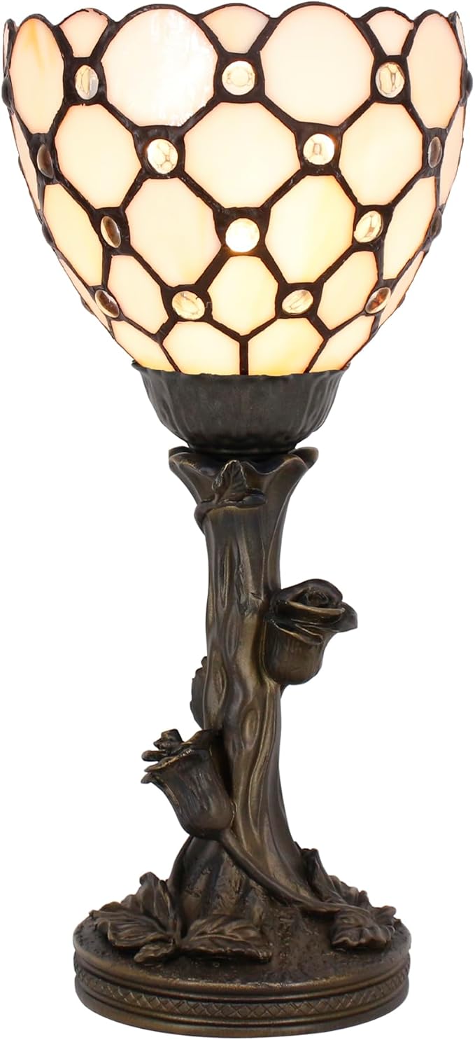Small Tiffany Lamp Mini Stained Glass Table Lamp Cream Bead Accent Desk Uplight W6 H13.5 Inch Bronze Resin Base - Bloomnest