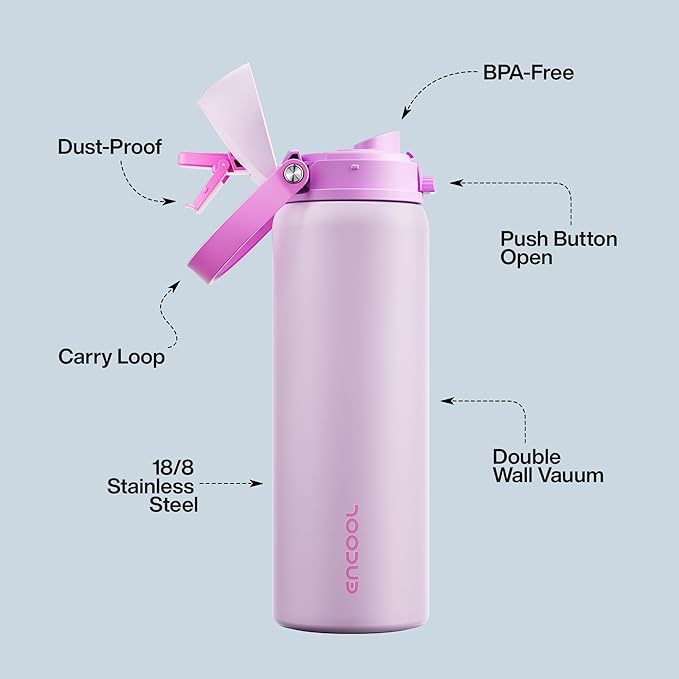 Insulated Water Bottle with Straw - Encool Stainless Steel Water Bottle with Push Button Lid, Leak-Proof & BPA-Free, Keeps Cold for 24 Hours for Sports, Travel, Gym (32 oz, Thistle-Fuchsia) ENCOOL