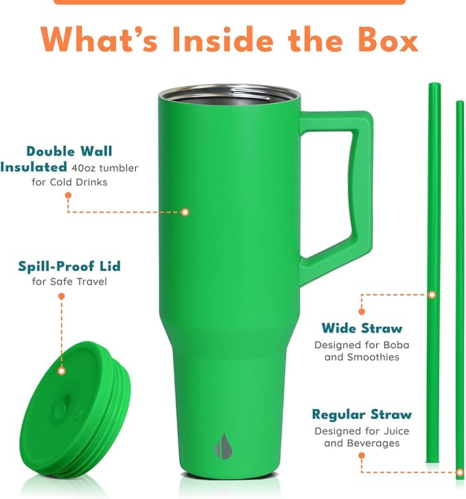 Elemental 40 oz Tumbler with Handle and Straw - Spill Proof Insulated Stainless Steel Commuter for Hot and Cold Beverages - Travel Coffee Mug with 2 Straws & Spill Proof Lid - 40oz - Green - Bloomnest