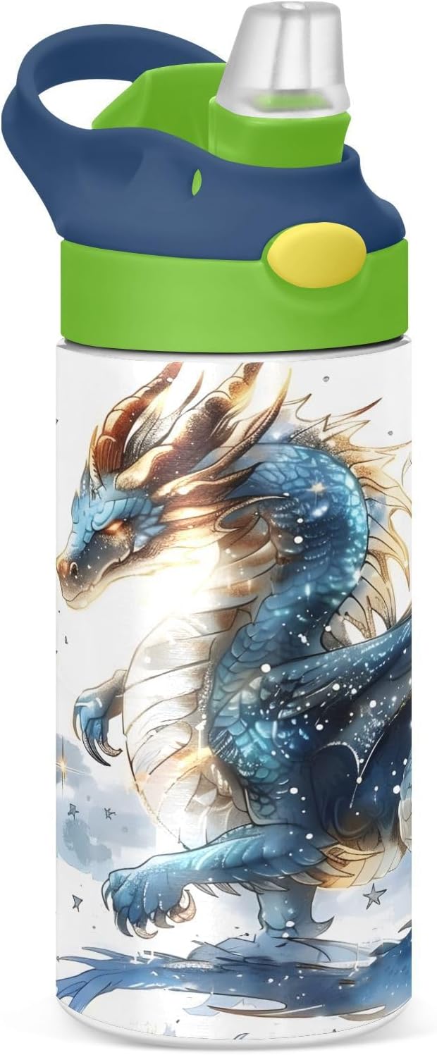 Dragon Water Fire Kids Water Bottle with Straw Lid Insulated Tumbler with Handle Stainless Steel Reusable Toddlers Cup for Kids Boys 12 oz - Bloomnest