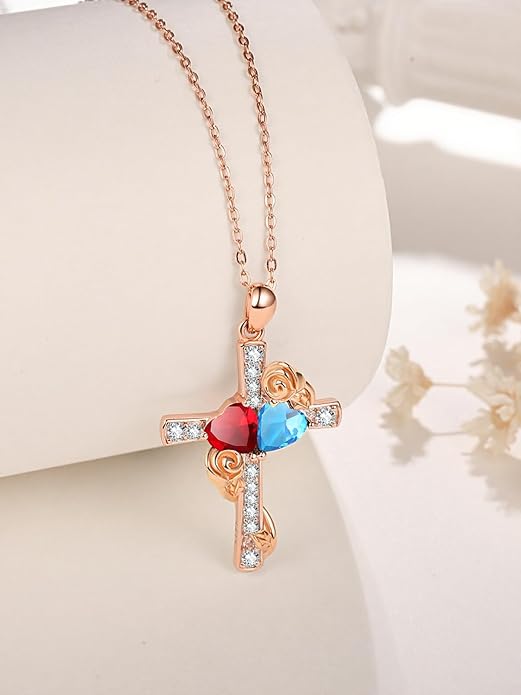 Rose Gold Dual Birthstones Cross Necklace for Women Rose Flower Jewelry Anniversary Christmas Mother's Valentine's Day Birthday Gift for Wife Girlfriend Mom - Bloomnest
