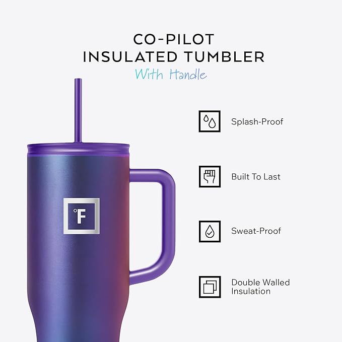 IRON °FLASK Co-Pilot Insulated Mug w/Straw & Flip Cap Lids - Cup Holder Bottle for Hot, Cold Drink - Leak-Proof - Water, Coffee Portable Travel Mug - Twilight Blue, 40 Oz - Bloomnest