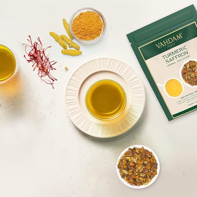VAHDAM, Turmeric Saffron Herbal Tea Loose Leaf 100g (50 Cups, 3.5oz) Blend Of Turmeric Tea, Saffron Tea & Fresh Spices | Whole Loose-Leaf Tisane | Vacuum Sealed for Freshness - Bloomnest