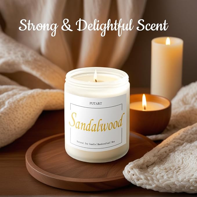 Sandalwood Scented Candles for Home, Natural Soy Wax Aromatherapy Santal Candle Gifts for Women & Men, Handmade Highly Scented & Long Lasting Non Toxic Jar Candle for Stress Relief (9oz - Bloomnest