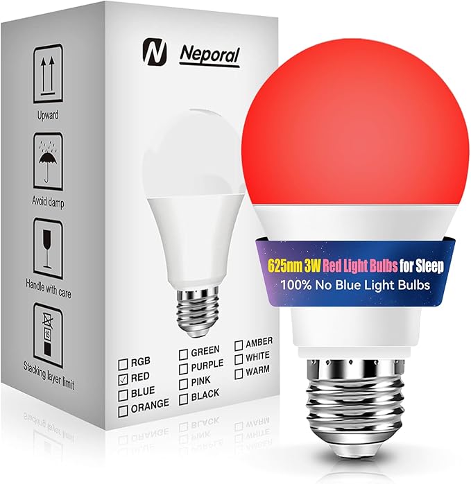 Neporal 3W 625nm Red Light Bulbs for Sleep, 100% Blue Light Blocking Bulb, Red Light Night Light for Melatonin Promoting, A19 40W Equivalent Dim Light Bulbs for Bedroom, Baby Nursery,1 Pack - Bloomnest