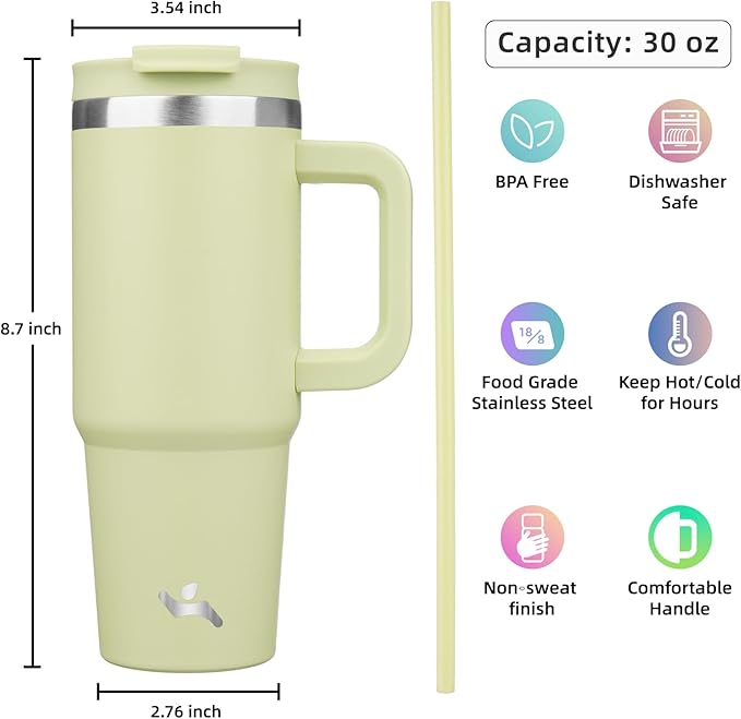 30 oz Tumbler with Handle and 2 Straws,2 in 1 Lid Insulated Water Bottle Stainless Steel Travel Coffee Mug,Macaron Green - Bloomnest