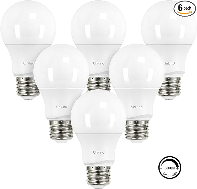 Linkind A19 LED Light Bulbs Dimmable, 60W Equivalent Light Bulbs, 9W, 5000K Daylight, 840 Lumens LED Bulbs, E26 Standard Base, 120V, Lighting for Bedroom Living Room Home Office, 6 Packs - Bloomnest
