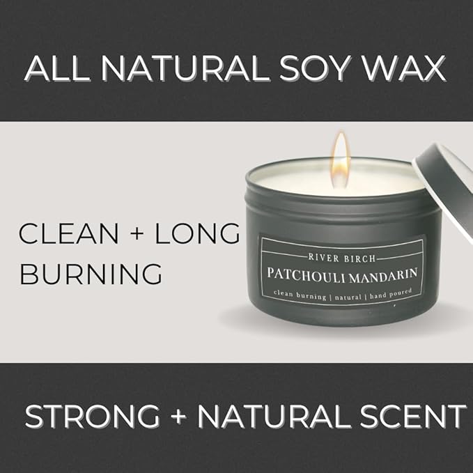River Birch Candles Patchouli Mandarin Scented Candle | Premium, All-Natural, Non-Toxic, Soy Candles | 8 oz. Black Matte Tin Travel Candle | Cozy Relaxing Gifts for Home - Bloomnest