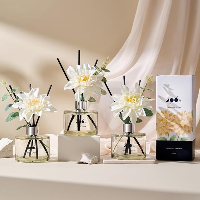 396 st. Dahlia Flower Reed Diffuser, White Musk, 200ml(6.7oz) / Reed Diffuser Sets, Home Fragrance, Scented Oils, Home & Bathroom Décor