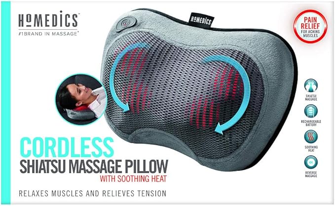 Homedics Cordless Shiatsu All-Body Massage Pillow with Soothing Heat, Reverse Function, Rechargeable Battery, and Integrated Controls –Lightweight - Bloomnest