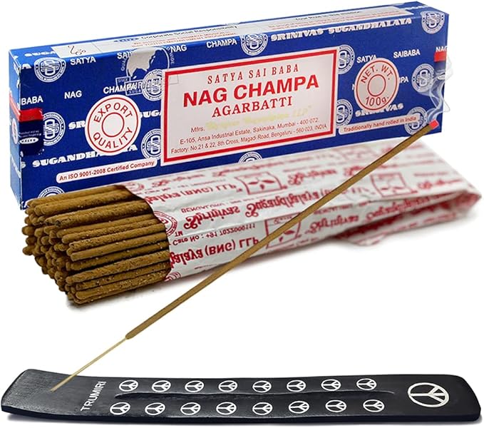TRUMIRI Incense Stick Holder Bundle with Satya Sai Baba Nagchampa 100g Incense Sticks - Pack of 1 (Approx 100 Sticks) - Bloomnest