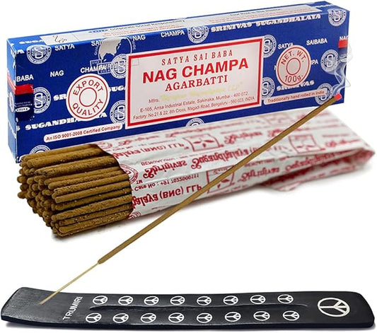 TRUMIRI Incense Stick Holder Bundle with Satya Sai Baba Nagchampa 100g Incense Sticks - Pack of 1 (Approx 100 Sticks) - Bloomnest