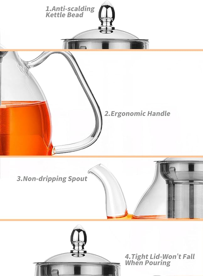 TETWIN Glass Teapot Including 6 Blooming Flower Tea Balls, Stovetop Safe Tea Pot with Removable Infuser for Loose Leaf Tea, 1000ml / 33.8oz - Bloomnest