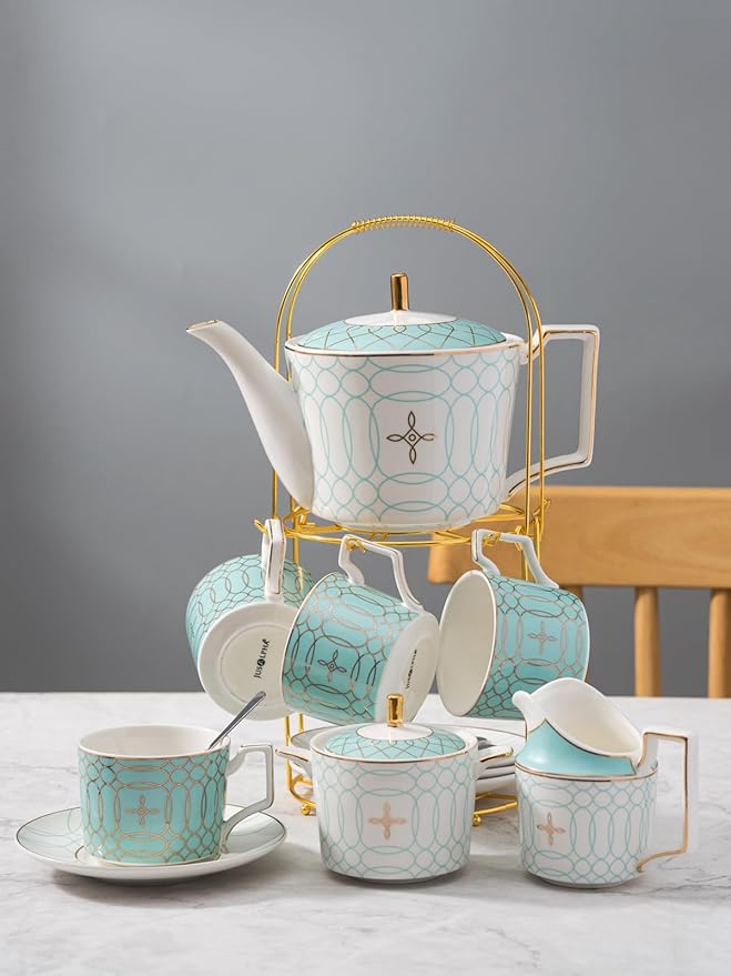 Jusalpha Fine China Blue Coffee Cup/Teacup Set, 8 OZ Cups& Saucer Service for 4, with Teapot-Sugar Bowl-Cream Pitcher Teaspoons and tea strainer for Tea/Coffee, 17-Pieces (Blue) - Bloomnest