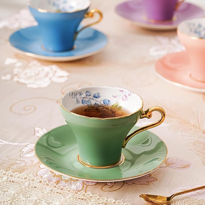 Aynsley Handpainting Colored Glaze Lily of the Valley Corset Fine Bone China English Tea Cup and Saucer Set, 6.1 oz (Green) - Bloomnest