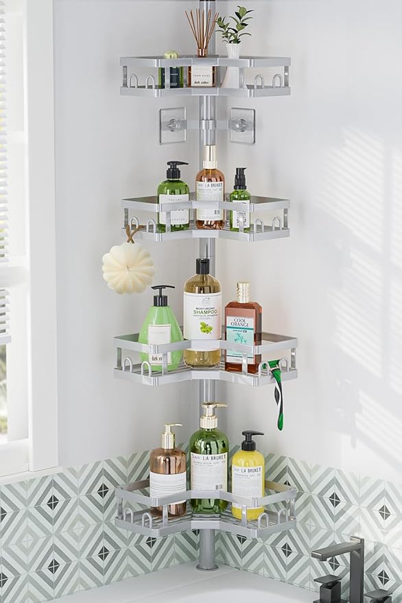 HEVEL Corner Shower Caddy Tension Pole, 4 Tier Adjustable Shower Organizer Corner 62-115 Inch, Rustproof Bathroom Shower Shelves for Bathtub Storage,Silver - Bloomnest