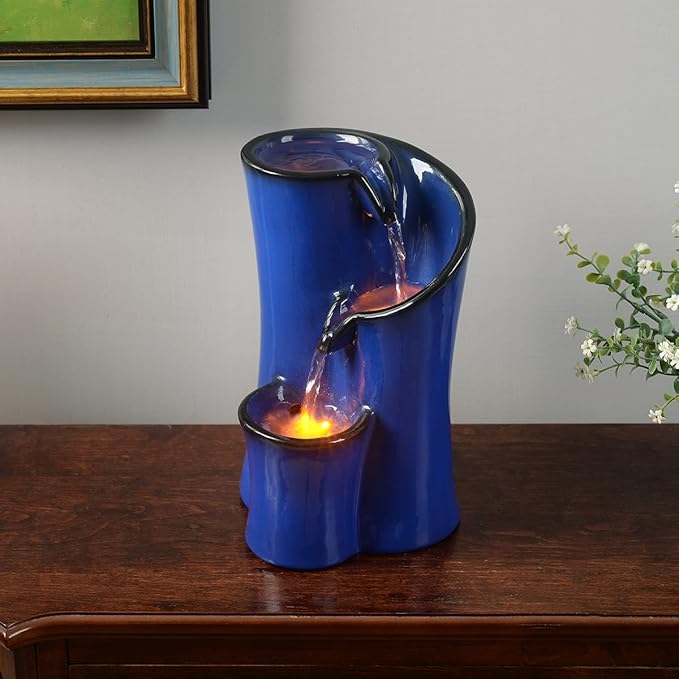 Indoor Water Fountain Imitation Ceramics Appearance Tabletop Relaxation Desktop Waterfall w/ 3 Reflective led, 9.8 Inch Tall (Blue) - Bloomnest