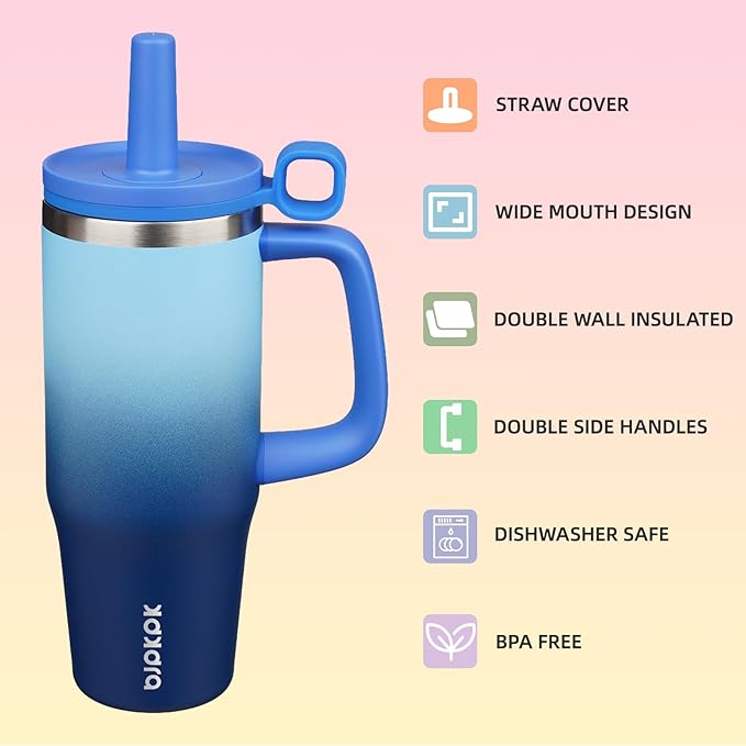 BJPKPK 32oz Stainless Steel Insulated Tumbler with Handle and Straw Travel Coffee Mug Thermal Cups with Lid,Sky - Bloomnest