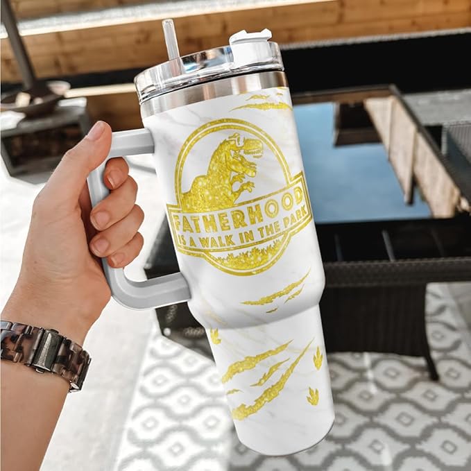 Personalized Dinosaur Dad Tumbler with Handle and Straw, Cute Custom Names and Baby Dino Design, Funny Father’s Day Gift for Dad or Papa from Kids - Bloomnest