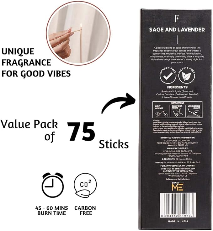 Folkulture Incense Sticks (75 Sticks) |8" Premium Sage & Lavender Incense Sticks for Meditation, Aromatherapy, Cleansing, Focus | No Charcoal,Organic, Non Toxic, 45 Mins, Long Burning Insence-Sticks FOLKULTURE