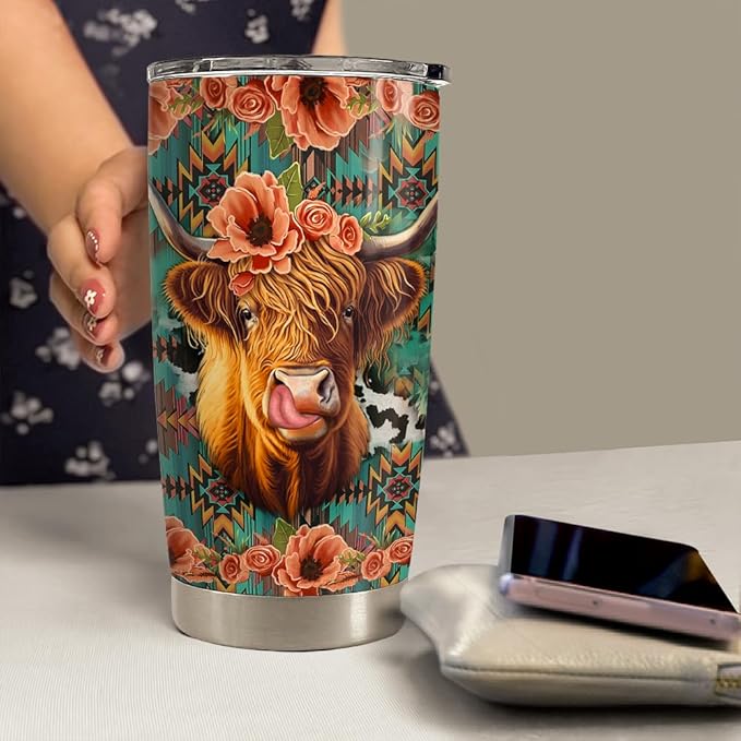 Highland Cow Tumbler 20oz Stainless Steel Insulated Coffee Travel Mug Cup for Women Girls Cows Lovers Cow Gifts for Birthday Christmas Mothers Day - Bloomnest
