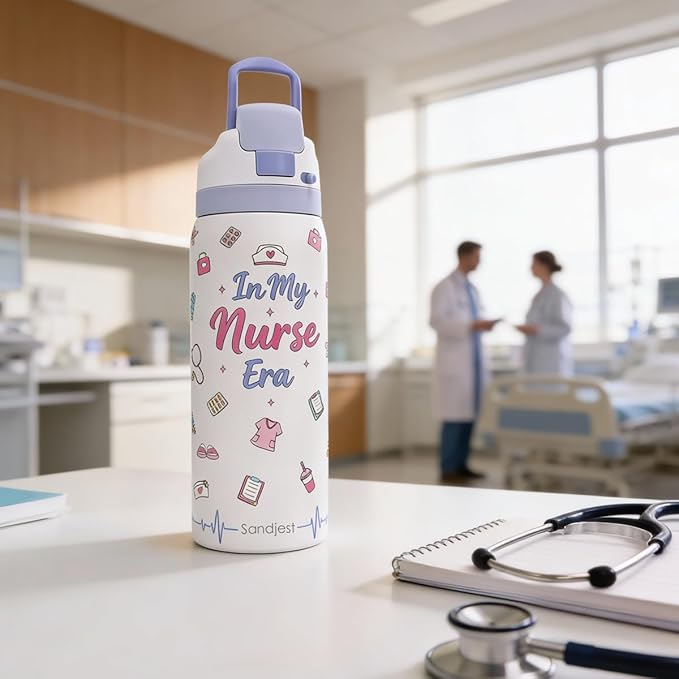 Nurse Stainless Steel Water Bottle, In My Nurse Era, Vacuum Insulated, Push-Button Lid, 32 oz, Gifts for Medical Students Women Girls Friends Teens Birthday Christmas SANDJEST
