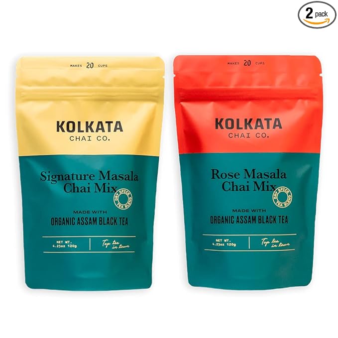 Kolkata Chai Signature Masala Chai & Rose Chai Combo Pack, Makes 40 cups, Premium loose leaf tea and spice blend, All Natural - Bloomnest