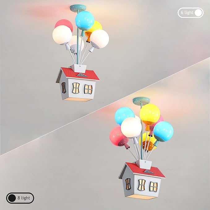 Kids House Shape Ceiling Light Colorful Balloon Wood Chandelier Cartoon House Shape with Acrylic lampshade Sputnik Ceiling Light for Girls Boys Kid's Bedroom (D16.5*H22.8IN (6 Light)) - Bloomnest