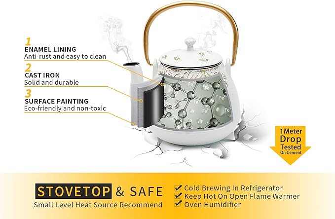 Tea Kettle, TOPTIER Japanese Cast Iron Teapot with Infuser for Loose Leaf and Tea Bags, Stovetop Safe Cast Iron Tea Kettle Coated with Enameled Interior for 40 oz (1200 ml), White - Bloomnest