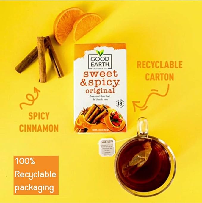 Good Earth Herbal & Black Tea, Sweet & Spicy, 18 Count Tea Bags (Pack of 6) (Packaging May Vary) - Bloomnest