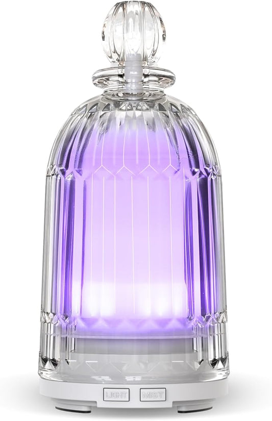 120ml Glass Essential Oil Diffuser, Ultrasonic Aroma Diffuser Glass Cover & Plastic Reservoir with Auto Shut-Off, 7 Colors LED Light for Home, Bedroom, Office, Yoga(White Base) DOUDING
