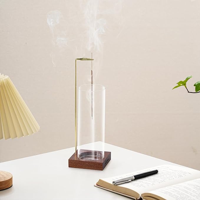 Ceremony Incense Holder, Wooden Incense Holder for Sticks with Glass Ash Catcher, Anti-ash Incense Burner with 20 Incense Sticks and a Ash Brush for Meditation Yoga Spa Room Decor - Bloomnest