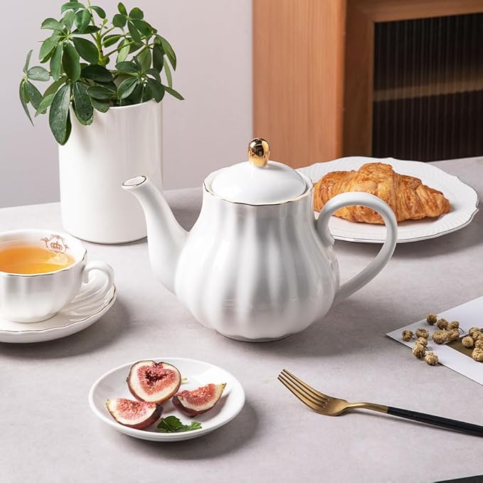 Sweejar Royal Teapot, Ceramic Tea Pot with Removable Stainless Steel Infuser, Blooming & Loose Leaf Teapot - 40 Ounce (White) - Bloomnest