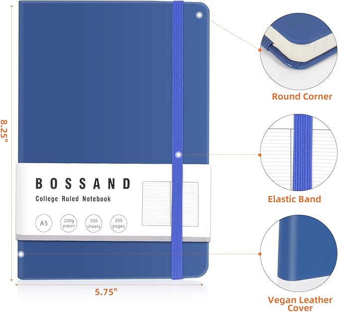 BOSSAND Lined Journal Notebook, A5 Journals for Writing, 200 Pages 100 GSM Thick Classic Ruled Paper, Hardcover, 8.25 inches x 5.75 inches, Navy Blue - Bloomnest