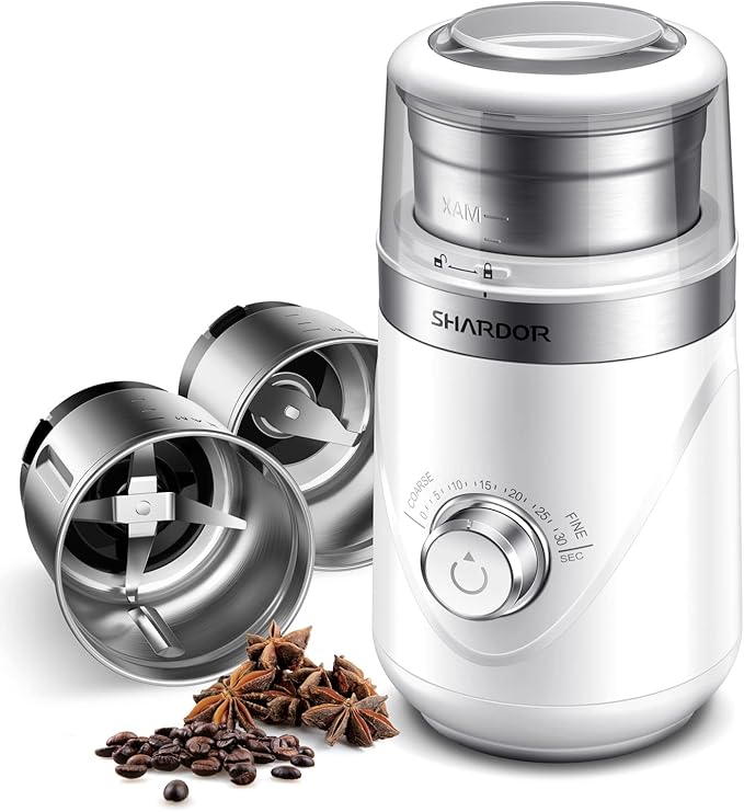 SHARDOR Electric Super Silent Blade Coffee Grinder, Timed Grind Control Rotary Knob, Adjustable Coarse to Fine for Coffee Beans, Spices & Herbs, with 2 Removable Stainless Steel Bowl, White - Bloomnest
