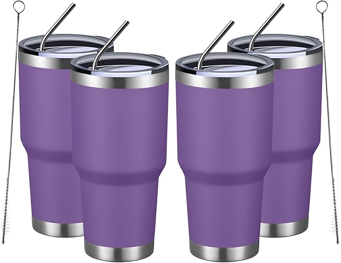 MEWAY 30oz Insulated Tumbler With Lids and Straws,Stainless Steel Double Vacuum Coffee Tumbler Cup, Brush, Durable Powder Coated Coffee Cup for Cold & Hot Drinks, Office, Travel(Purple,4 PACK) - Bloomnest