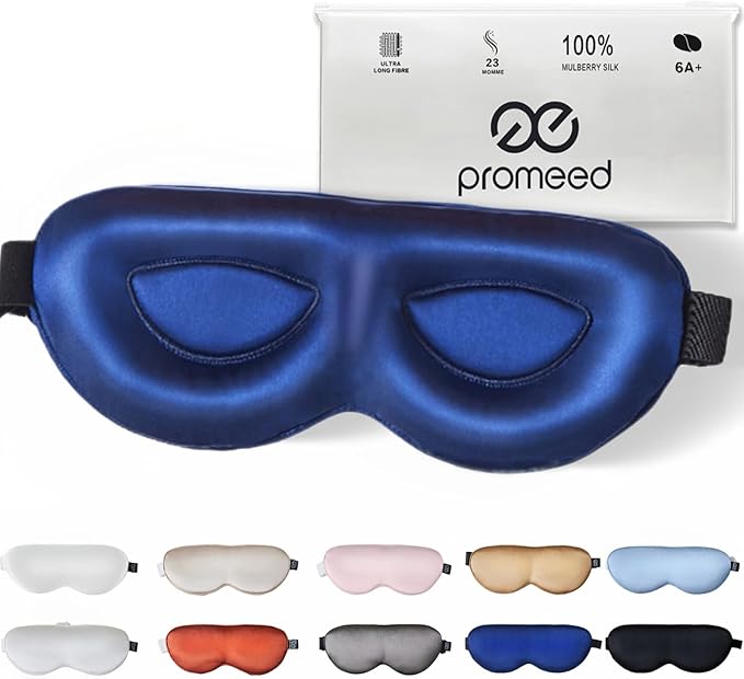 PROMEED Adjustable 100% Mulberry Silk Sleep Mask 23 Momme, 3D Contoured No-Pressure Cup Eye Mask for Sleeping, Super Soft Breathable Blindfold, Perfect Blocks Light for Sleeping (Navy) - Bloomnest