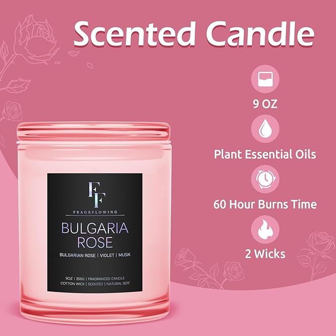 Bulgaria Rose Scented Candle, 2-Wick Luxury Soy Wax Candle, 9 oz Aromatherapy Candle Home Fragrance Candles Gift - Bloomnest