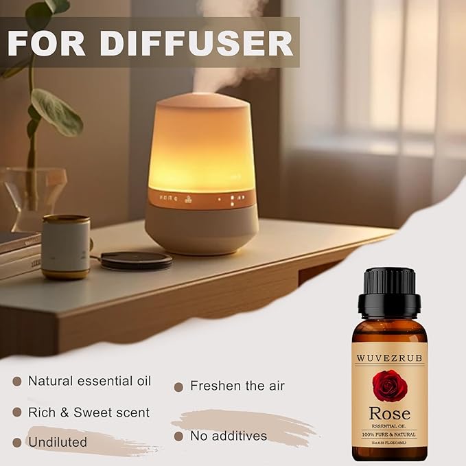 Rose Essential Oils 10ML, 100% Pure and Natural Essential Oil for Aromatherapy Diffuser - 0.33 Fl Oz/Rose WUVEZRUB