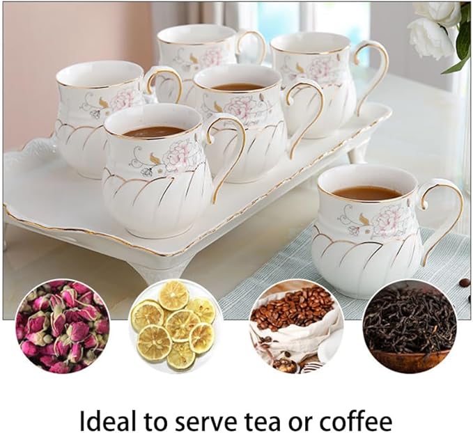 14-Pieces Porcelain Teapot Set Ceramic Coffee Cup Teacup with Gold Spoon Tea Party Tray Holder Gift Sets - Bloomnest
